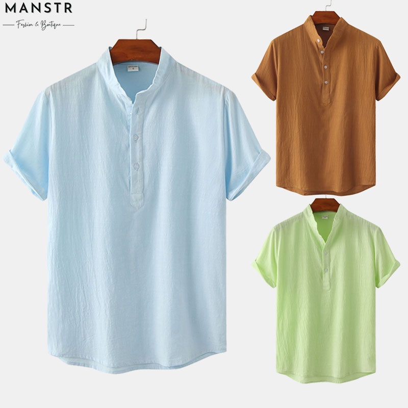 Kemeja Pullover Lengan Pendek linen lelaki Men's Linen Short Sleeve Plain Pullover Shirt Stand Collar Button Casual Shirt BrownKhakiLight BlueGreenCoffeeWhiteBlack