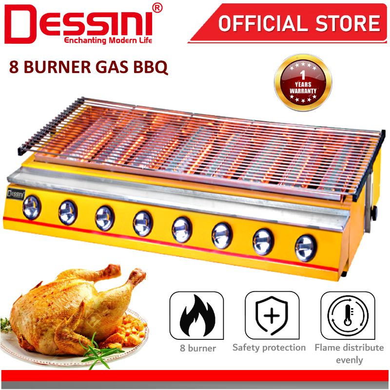 DESSINI ITALY CE Approval Stainless Steel Gas BBQ Grill Stove 2800Pa Non Stick Roast Bake Barbecue Roaster (8 Burner)