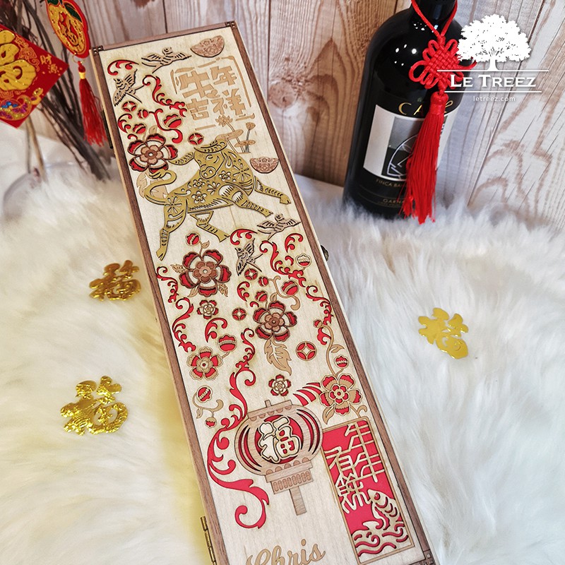 Ready Stock Malaysia Ox Chinese New Year Personalized Name Gift Storage Liquor Wine Wooden Box Hamper D