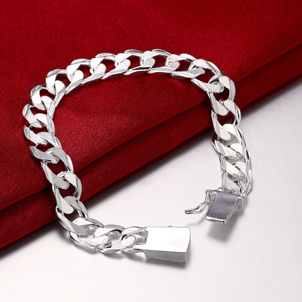 ???HOT SALE New Fashion Jewelry 925 silver plated 10 mm Square Buckle Sideways Chain Bracelet For Unisex Man Women Gift