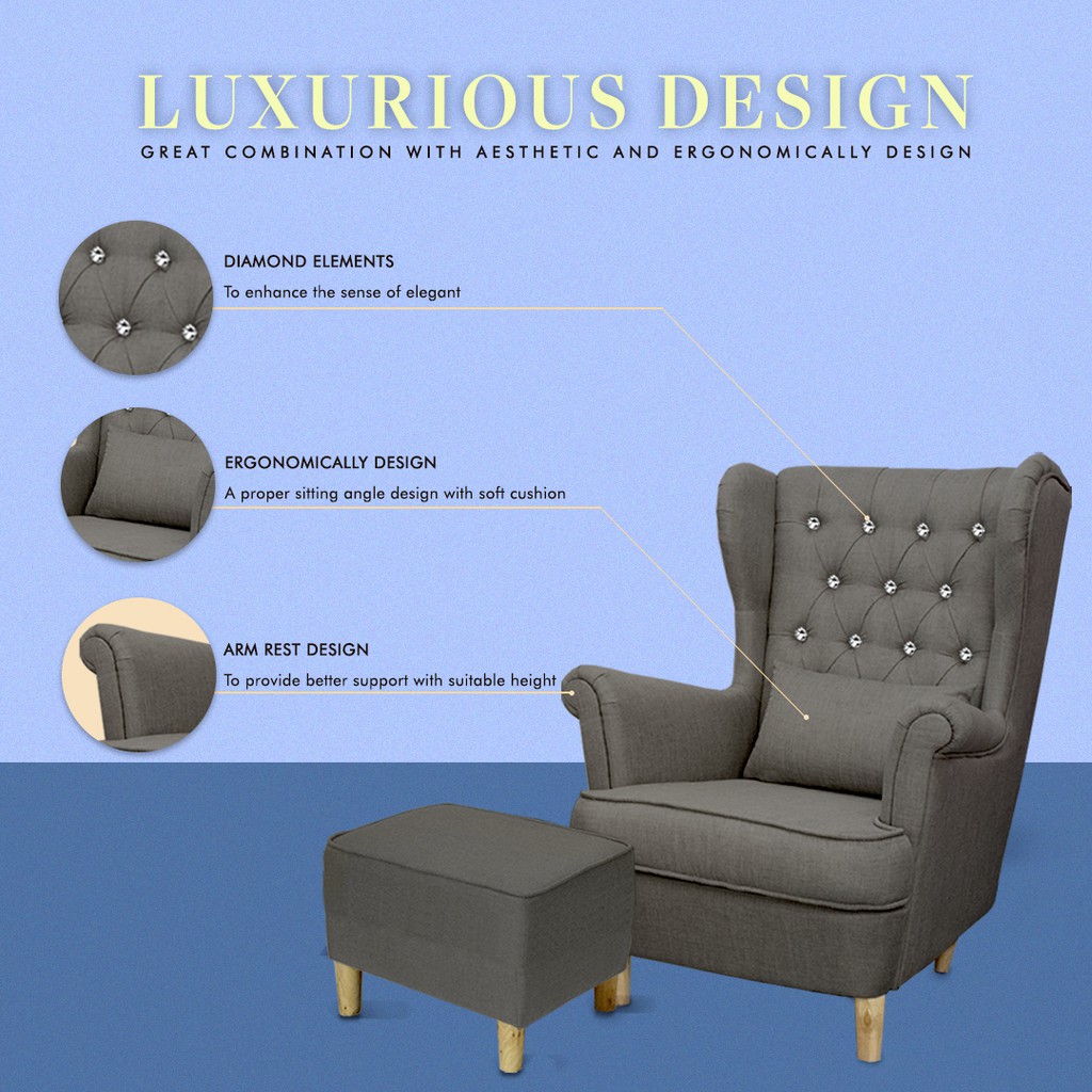 FINSSO: DIAMON Canvas Fabric Sofa Wing Chair With Round Stools + Cushion Pillow