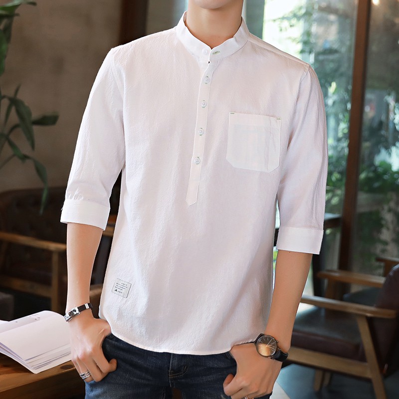 Men Shirt 100 Cotton Summer Short Sleeve Slim Fit Shirts Plain Kemeja