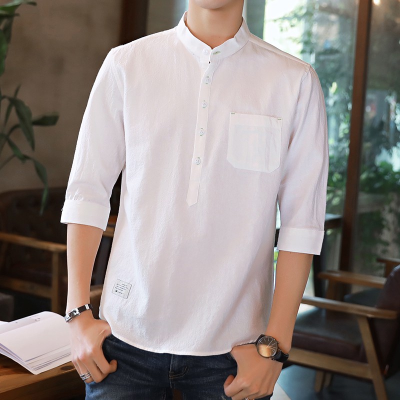 Men Shirt 100% Cotton Summer Short Sleeve Slim Fit Shirts Plain Kemeja ...