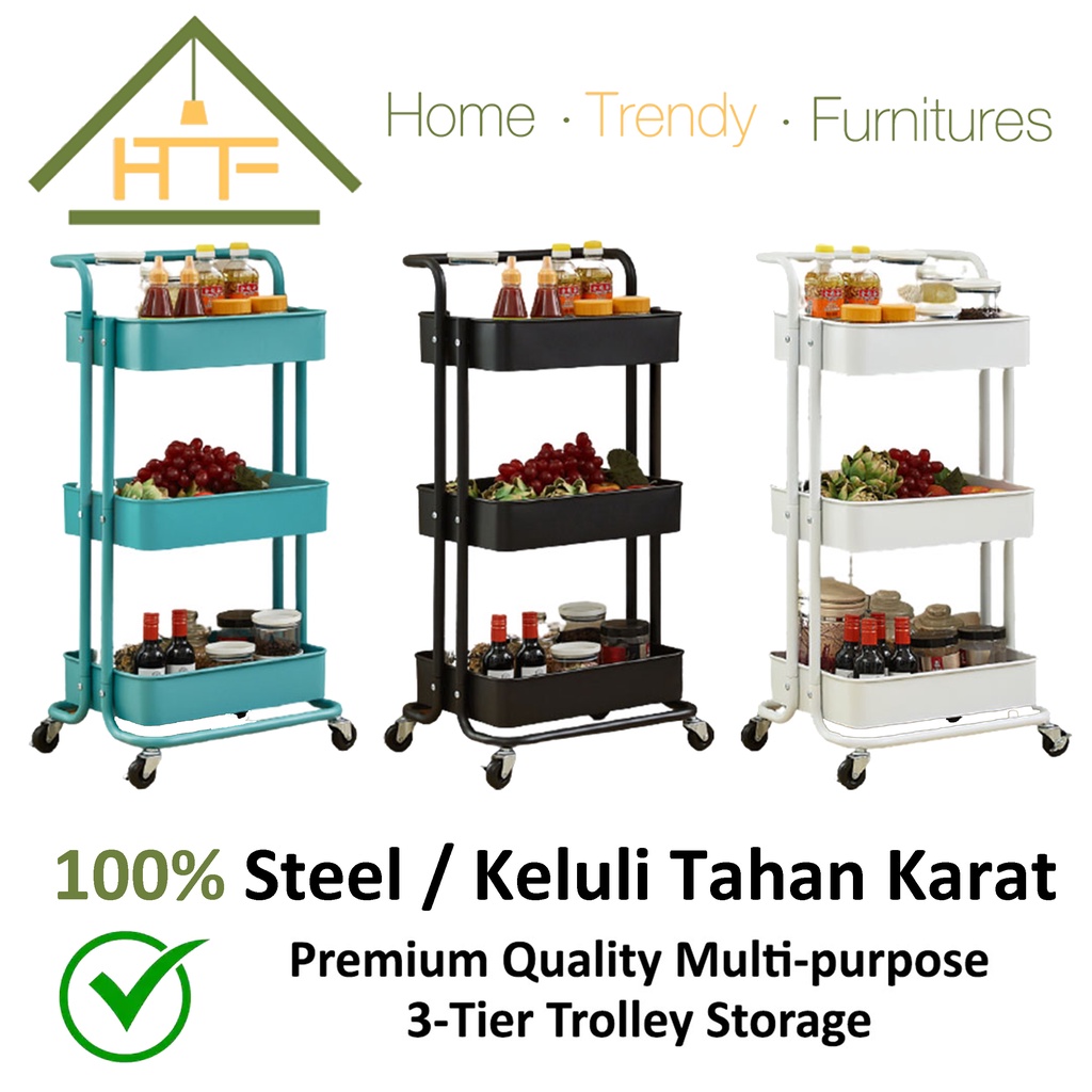 Home Trendy Premium Steel 3 Tier Movable Trolley Storage Rack / Kitchen