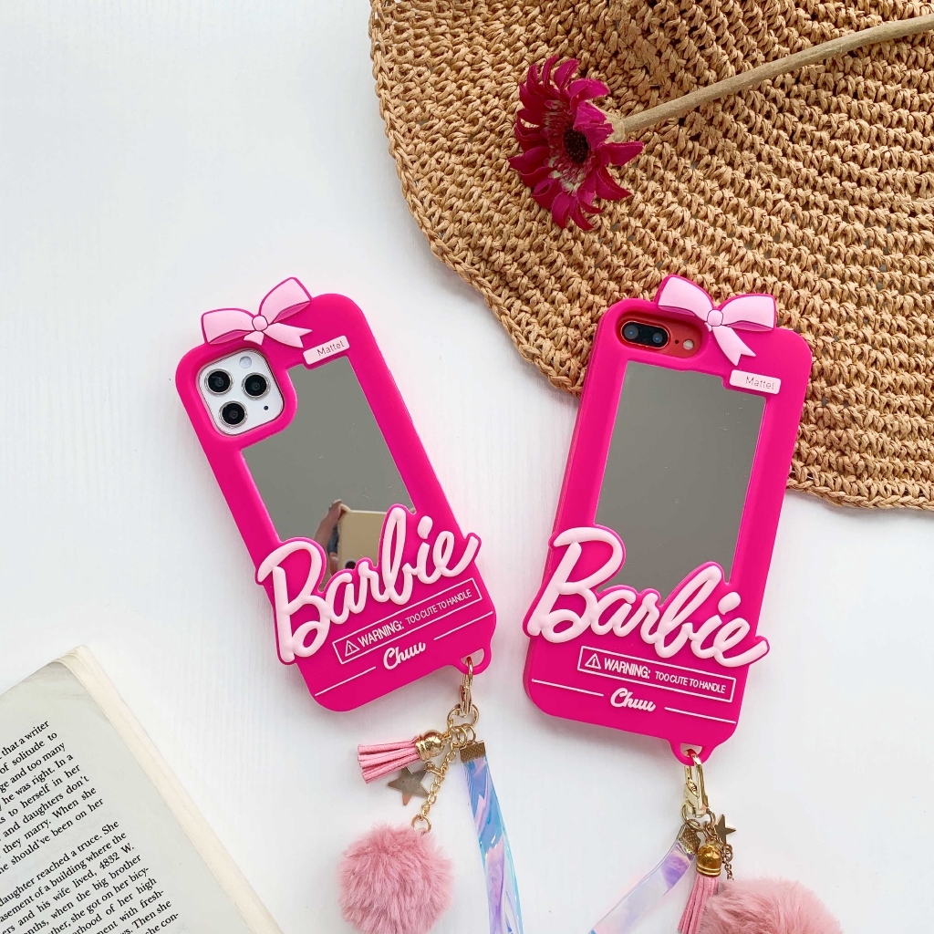 Cute Barbie Mirror Phone Case Cute Girl Makeup Mirror for iPhone 14 13 12 11 Pro Max XR X Xs Max 8 7 6 Plus 6S Silicone Case Back Cover Cases With ornaments