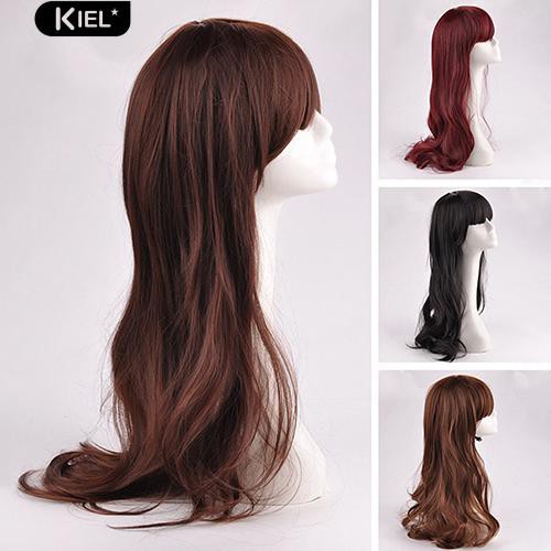 Fashion Women Neat Bang Long Curly Wavy Full Hair Party Wigs