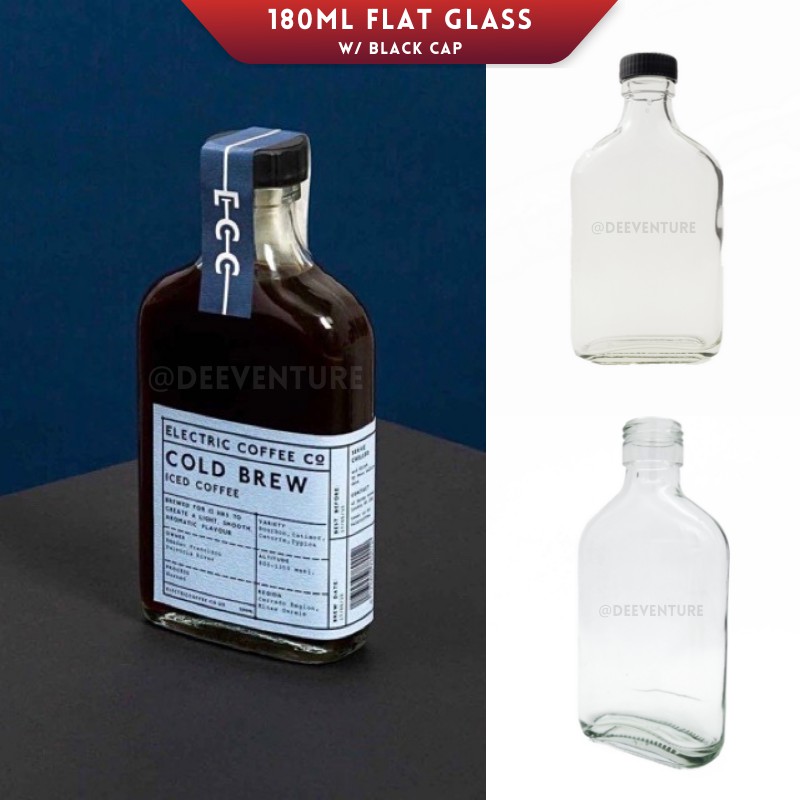 180ml Clear Glass Bottle w/ Black Screw cap Flat glass bottle for
