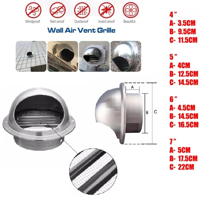 4" (100mm) 5" (125mm) 6" (150mm) 7" (180mm) Stainless Steel Cooker Hood Ducting Cap Air