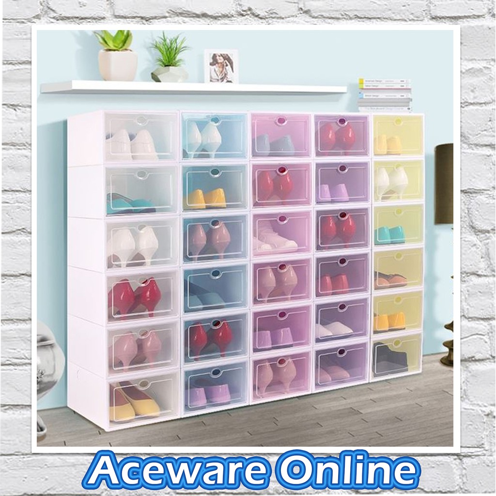 New 31cm Stackable Shoes Box Shoe Organizer Foldable Shoe Rack Transparent Storage Box Shoe Cabinet Almari Kasut Shopee Malaysia