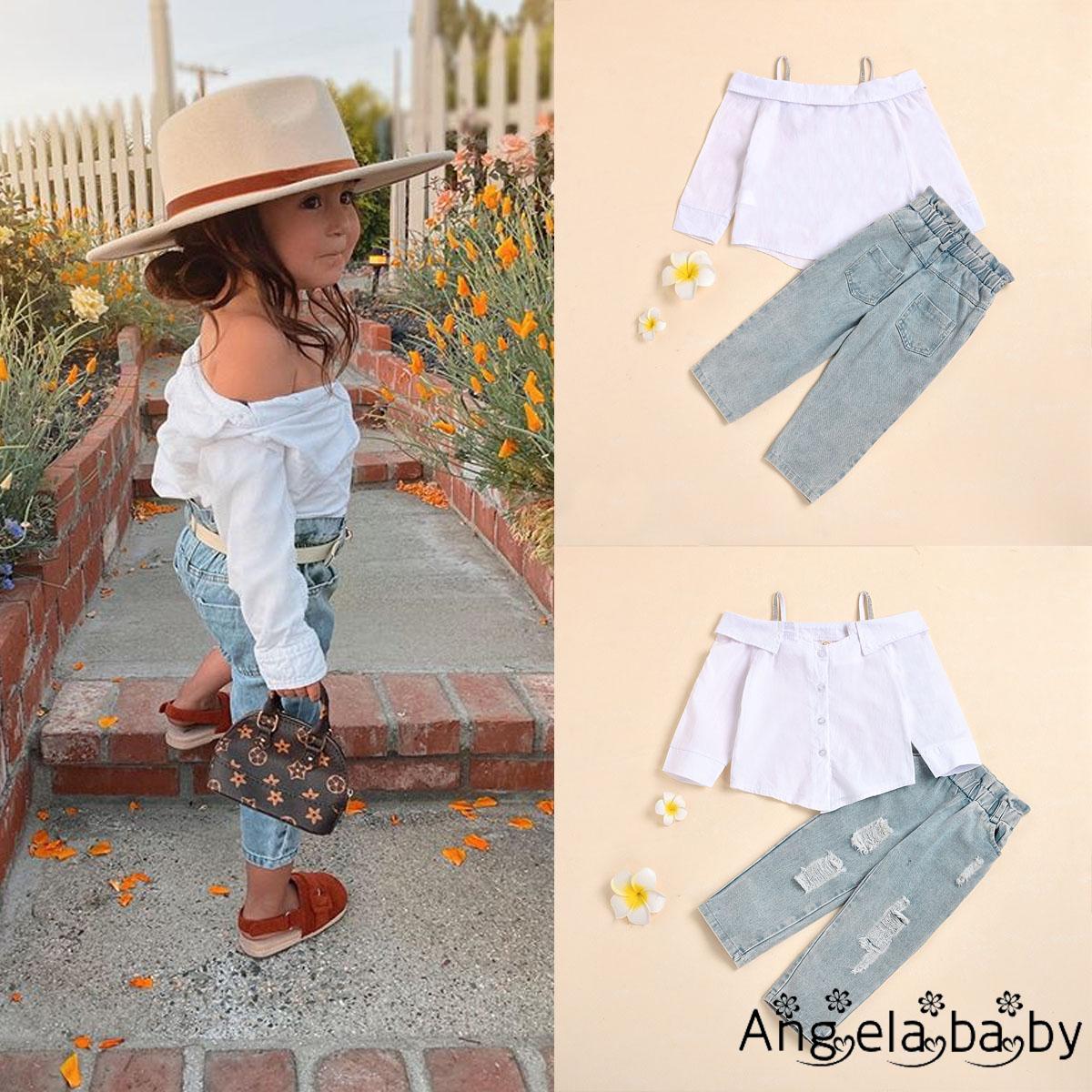 Hian Kids Girls Fashion 2 Piece Outfit Set Long Sleeve Off Shoulder Top And Ripped Jeans Set For Children Baby Girls Shopee Malaysia