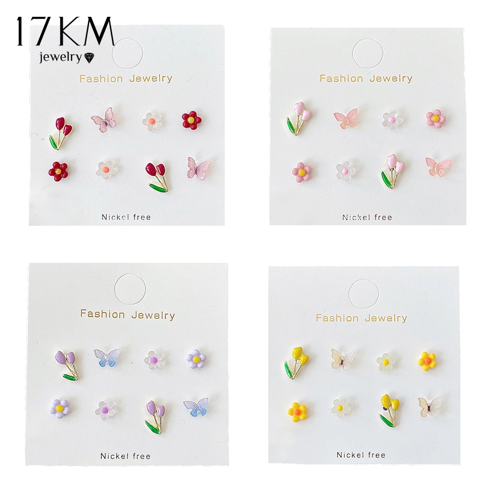 17KM 6pcs/set Cartoon Resin Ceramic Earrings Colorful Butterfly Flower Bow Cat Paw Fruit Earring Women Jewelry Accessories