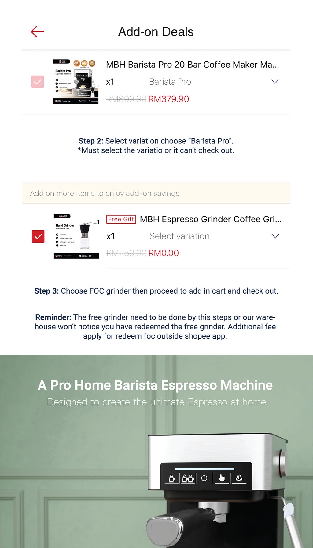 MBH Barista Pro 20 Bar Coffee Maker Machine Espresso Milk Froth Steam