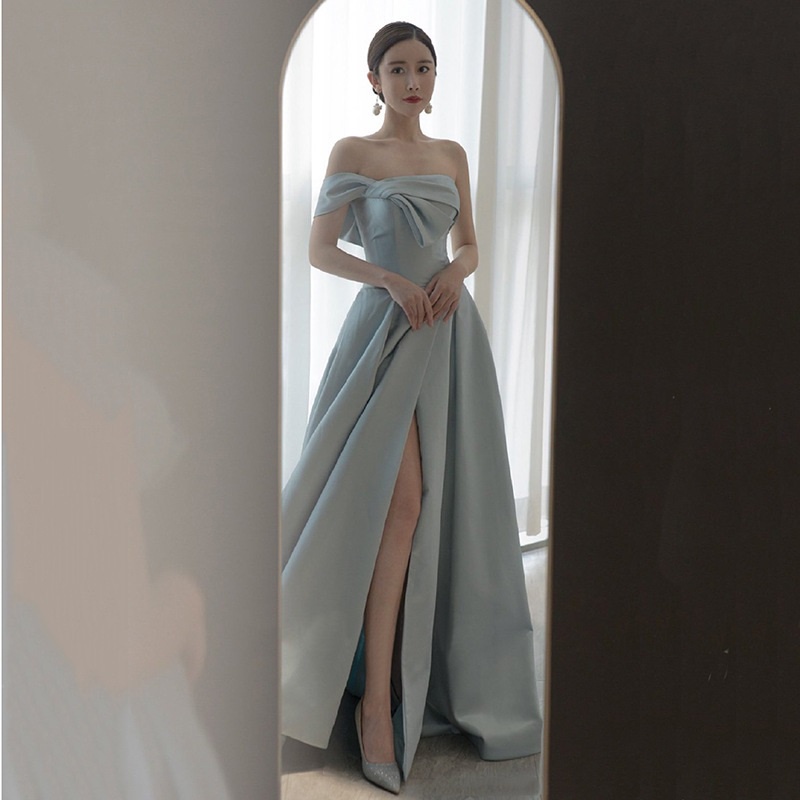 French Satin Evening Dress Elegant Tube Top Knot Slim A-line Princess Dresses Annual Dinner Banquet Wedding Party Gown