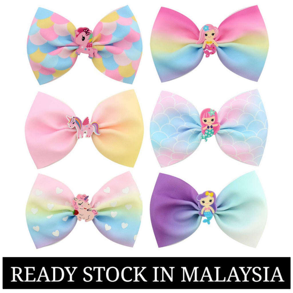 Colourful Unicorn Mermaid design Ribbon Hair Bow Clip Lovely Bowknot Hairpins Pin Rambut