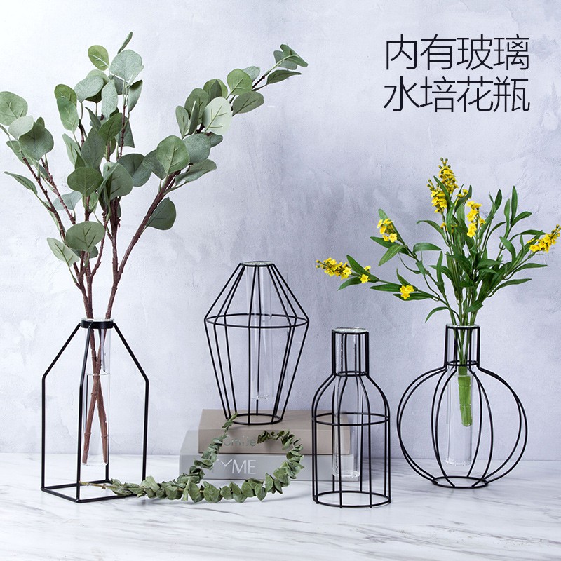 Home Nordic Wrought Iron Transparent Glass Vase Flower