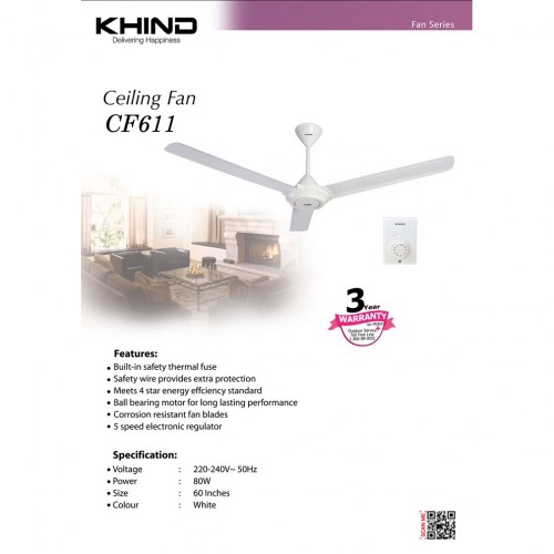 Khind Ceiling Fan 3 Blade Colour White 3 Years Warranty 5 Speed