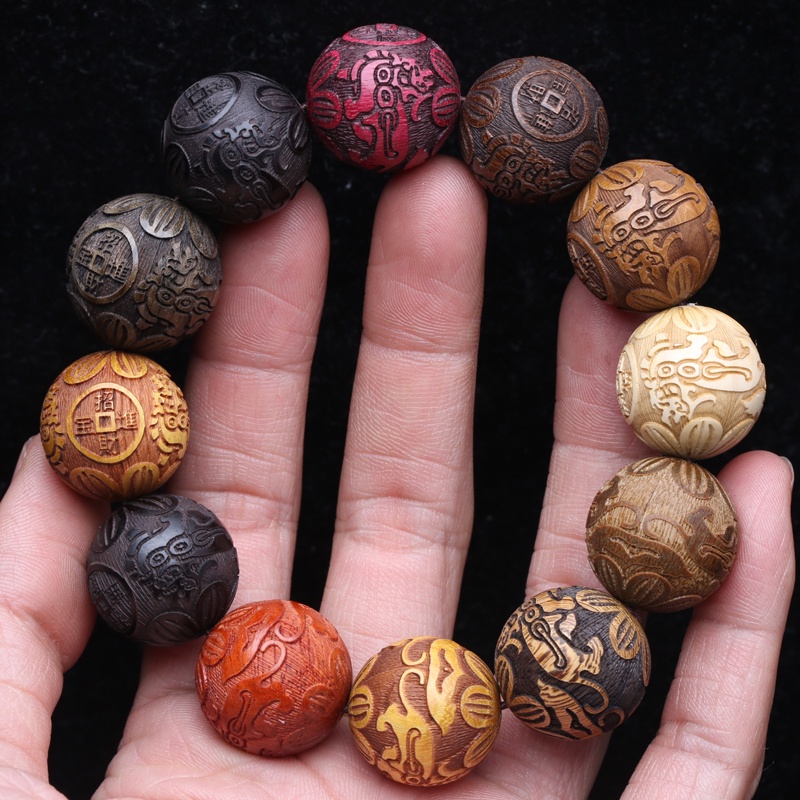 Natural Wooden Beads Carving Bracelet Multi-Beads Men's 20mm Carved Pixiu Bracelet
