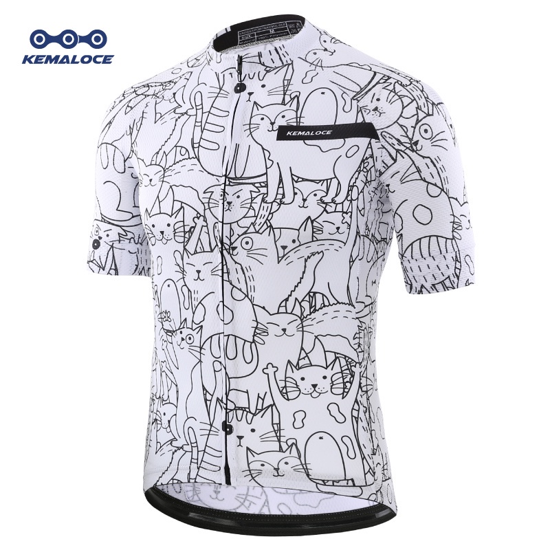 Breathable Unisex White Cartoon Cat Cycling Jersey Spring Anti-Pilling Eco-Friendly Bike Clothing Top Road Team