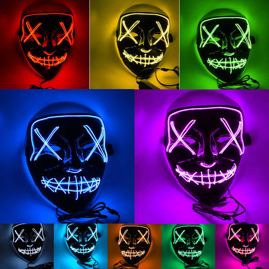 【Ready Stock】Halloween Decoration LED Mask Light Up Party Neon Mask Cosplay Horror Mask Great Funny Masks Festival Supplies Glow In Dark 8 Colors