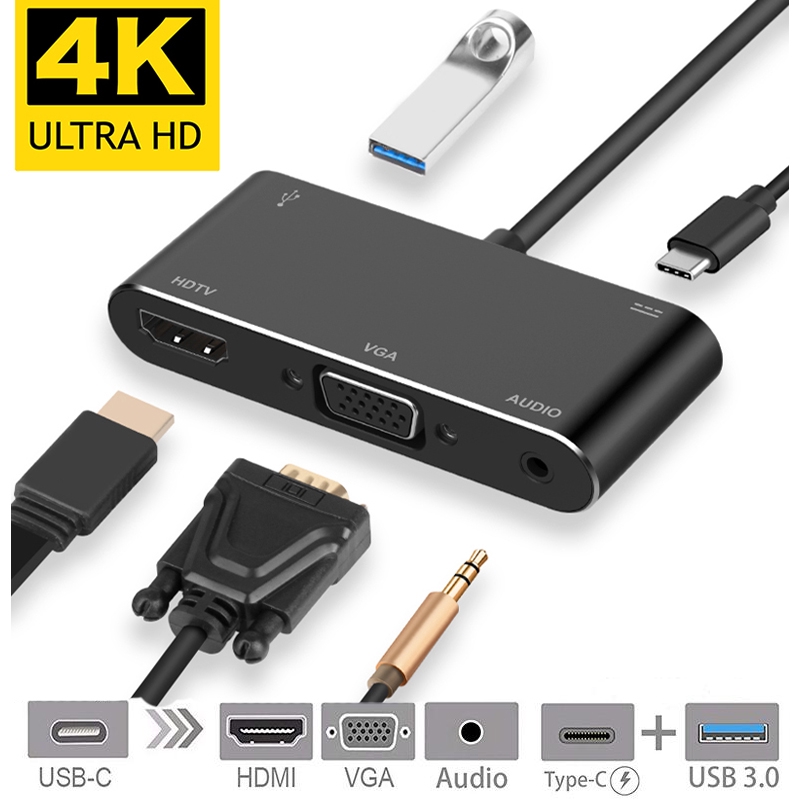 5 in 1 USB C Hub Type C to HDMI/VGA/Audio/USB 3.0 Port+PD Converter 4K