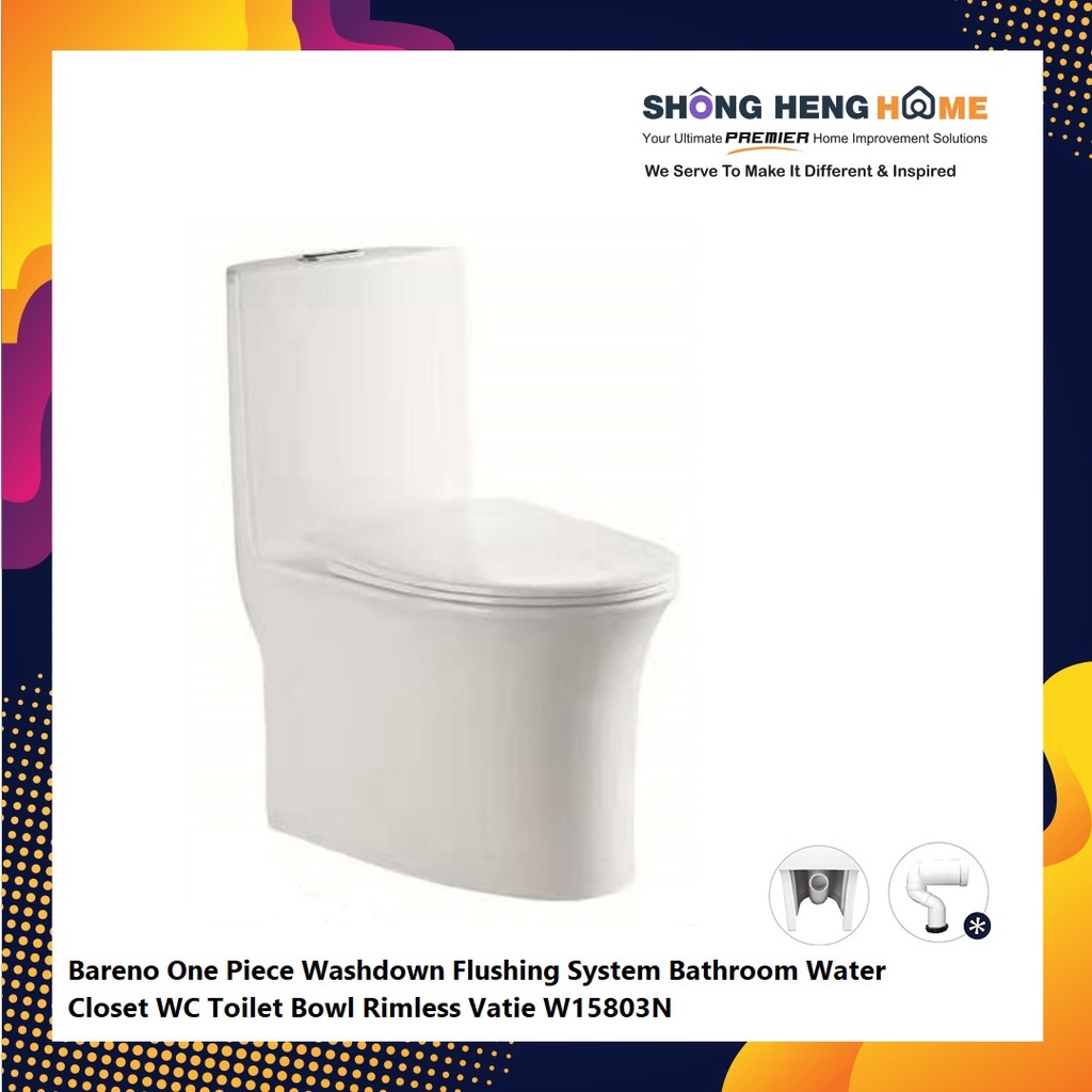 Bareno One Piece Washdown Flushing System Bathroom Water Closet WC Toilet  Bowl Rimless Vatie W15803N