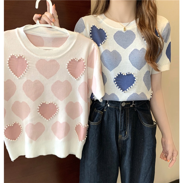 Female Tops Pink Blue Casual Knitwear Korean Summer Love Printed Knitted Top Women Short Sleeve Beading Sweater