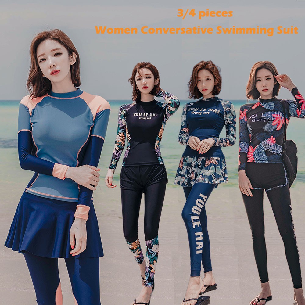 Beachwear Women Swimming Suit 4 Pieces Conservative Swimsuit Skirt Long Sleeves Muslim Swimwear Diving Suit Surfing Lady Wetsuit Waterproof