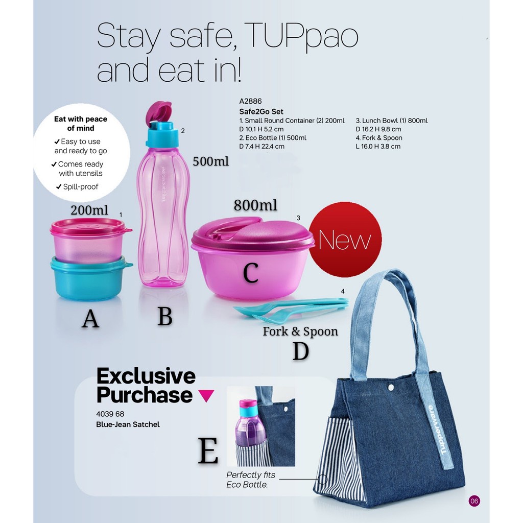 lunch bag Tupperware Safe2Go Set (Small Round / Eco Bottle / Lunch Box / Lunch Bag)