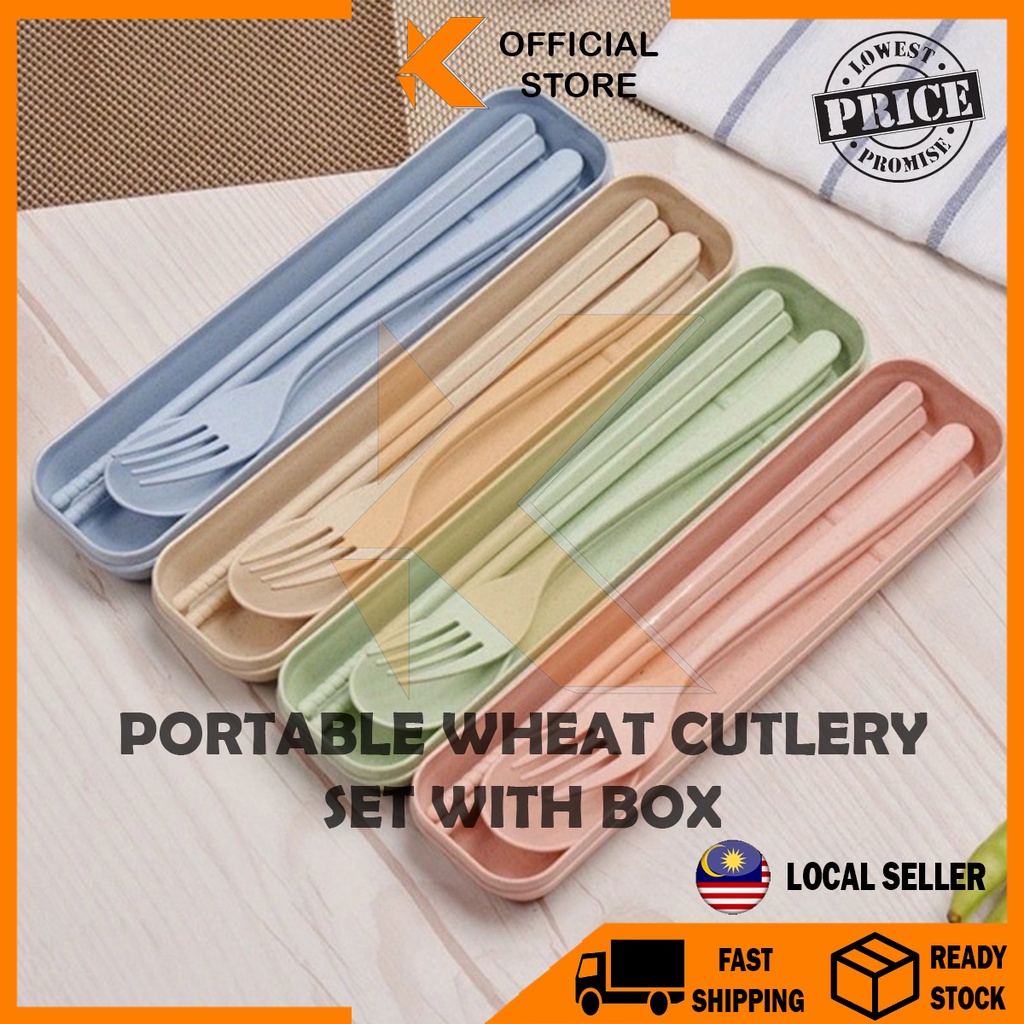 【K-Home】Wheat Cutlery 3pcs Set Eco-friendly Reusable Dinner Tableware Kit Box Chopsticks Spoon Fork Portable Utensils