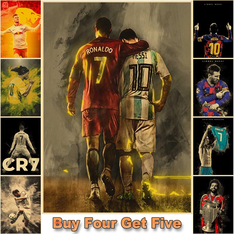 Vintage Football Sport Star Poster Messi Ronaldo Retro Posters and Prints Soccer Player Room Decor Wall Sticker