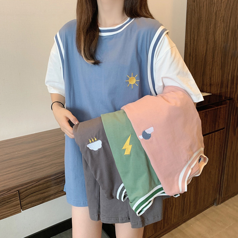 New Oversize Short-sleeved Weather Embroidery T-shirts Girls Summer Korean College Style Sports Leisure Half Sleeve Loose All-match Harajuku Street Jersey Tops