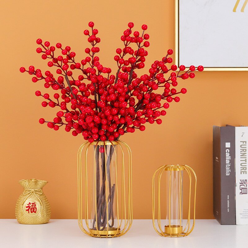 Gold Vase Metal Frame Iron Chinese Style Vase New Year Gift Desktop Decoration Hydroponic Plant Glass Test Tube