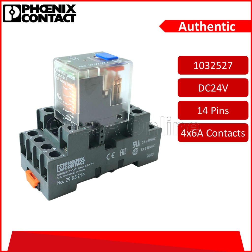 PHOENIX CONTACT RELAY C/W BASE AND TEST BUTTON 14 PINS, 6 AMP, DC24V, FLAT PIN (1032527
