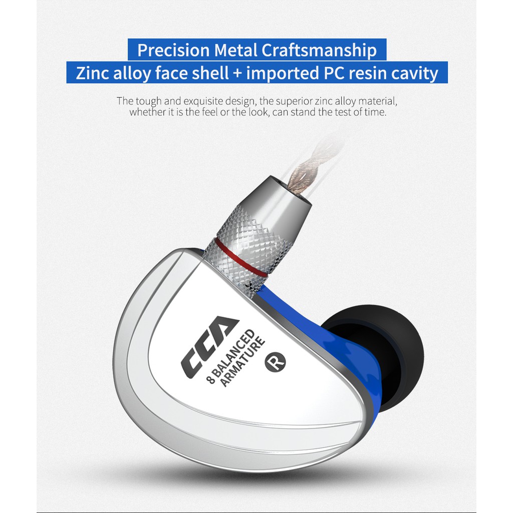 HiFi in-Ear Headphone,CCA Blue with MIC C16 IEM Earphones/Headphones 8 Balanced Armature Units Per Side,Zinc Alloy Shell Custom Made Sound Performance for Musician Audiophile with Detachable Cable 