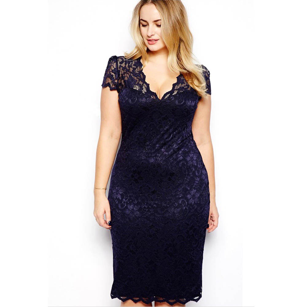 Plus Size women short sleeve dress navy blue casual lace dresses | Shopee  Malaysia