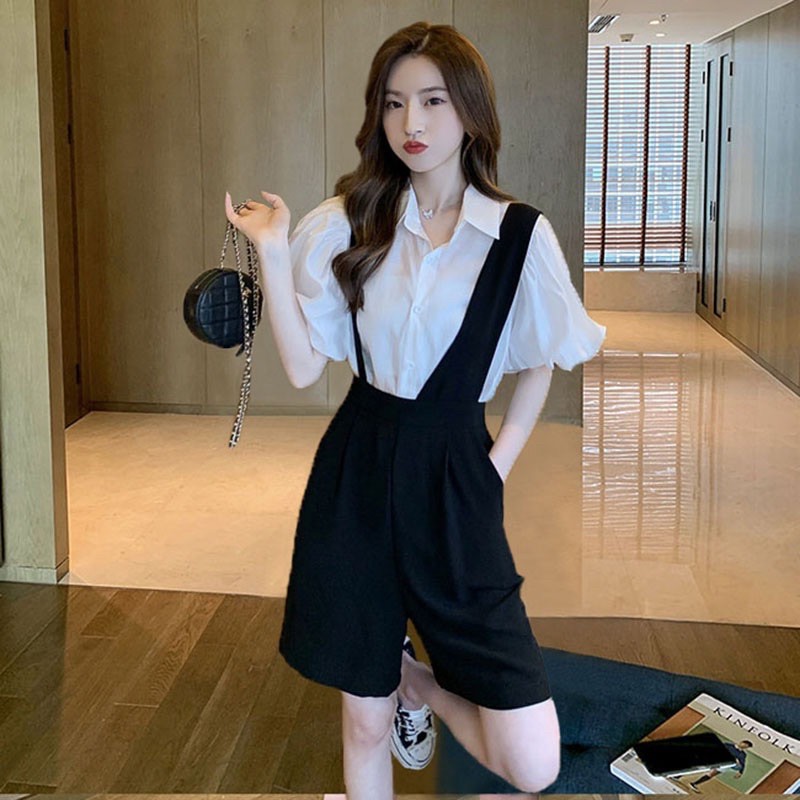 现货女装新款减龄黑色不规则背带裤 Women Clothing Jumpsuit Ready Stock