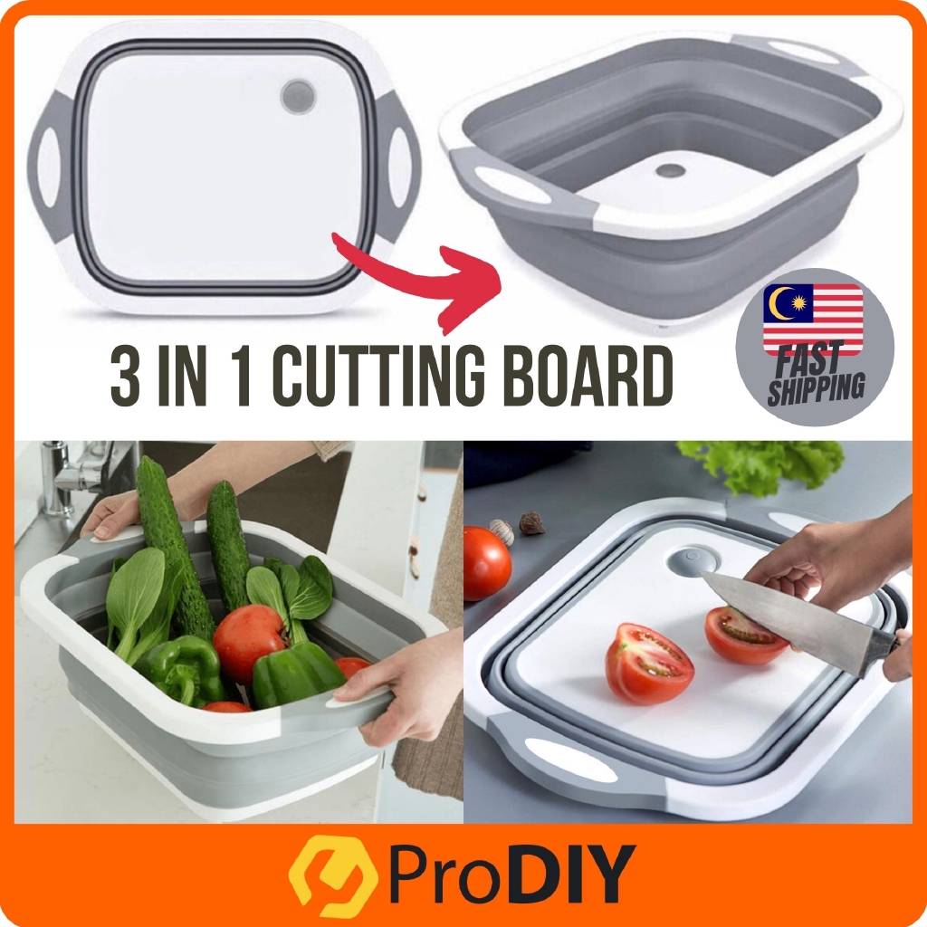 3 in 1 Foldable Multi-function Extendable Cutting Board With Fruit Vegetable Washing Basket Drainage Papan Pemotong