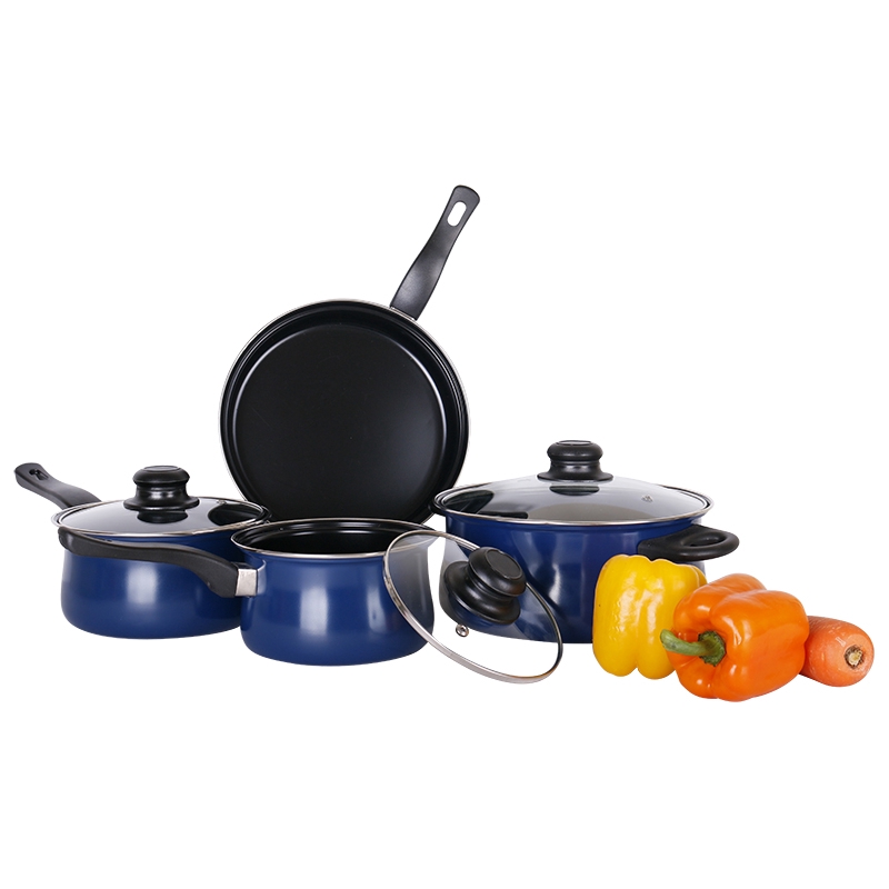 7PC Carbon Steel Cookware Set Glass Lid Pots And Induction Pan Frying Lid Blue 