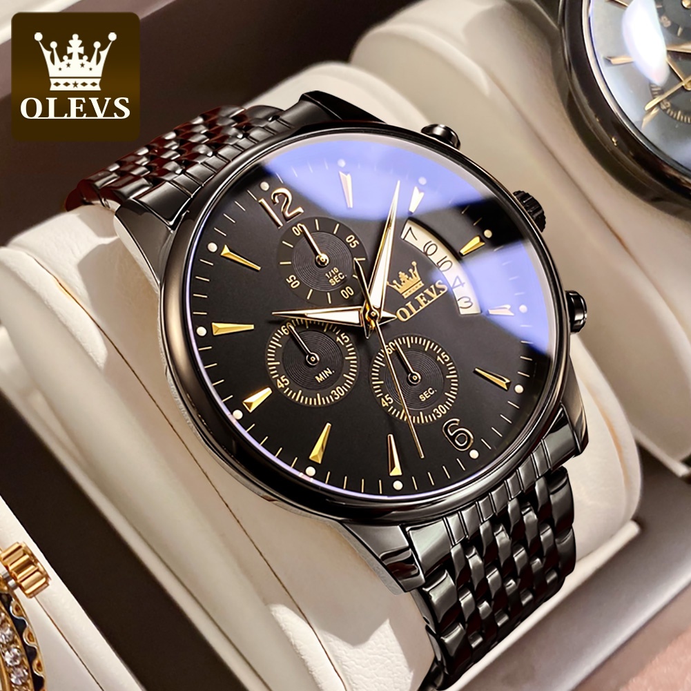 Olevs Original Men Watch Premium Black Multi Dial Chronograph Multifunction Waterproof Luminous Jam Tangan Lelaki Murah Stainless Steel Watches Birthday Gift For Man 手表