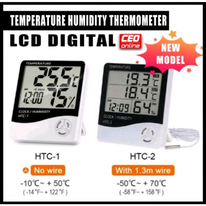 CEO LCD Digital Temperature Humidity Meter Indoor Outdoor Thermometer Hygrometer Weather Station Clock HTC-1 HTC-2