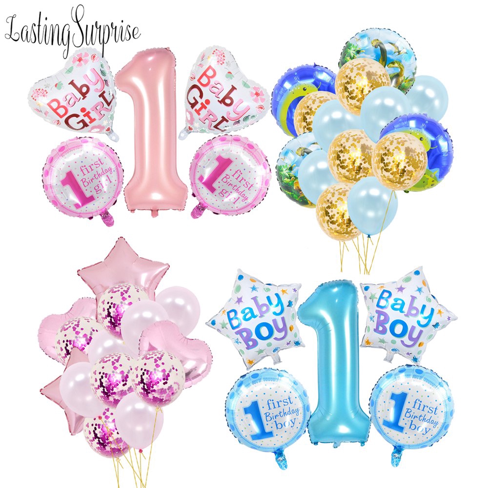1st Birthday Balloons Blue Pink Foil Baby Shower Globos 1 Year