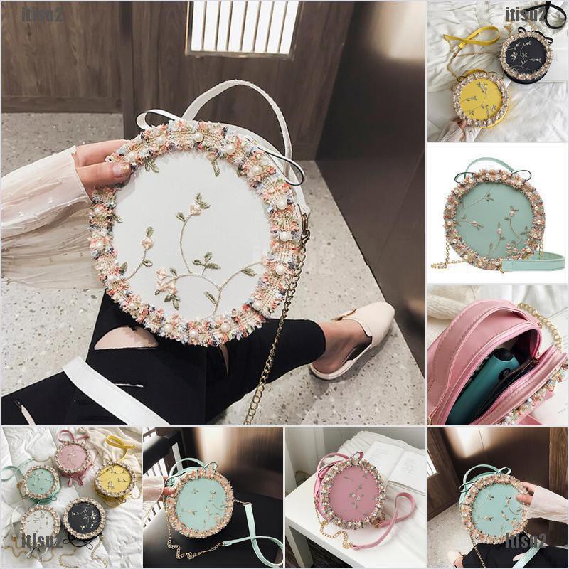 Women Girls Round Sling Chain Bag Pearl Floral Shoulder Handbag Crossbody BagsSA