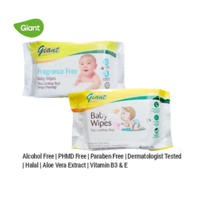 Giant Baby Wipes Travel Pack Fragrance / Fragrance Free NoRinse (30