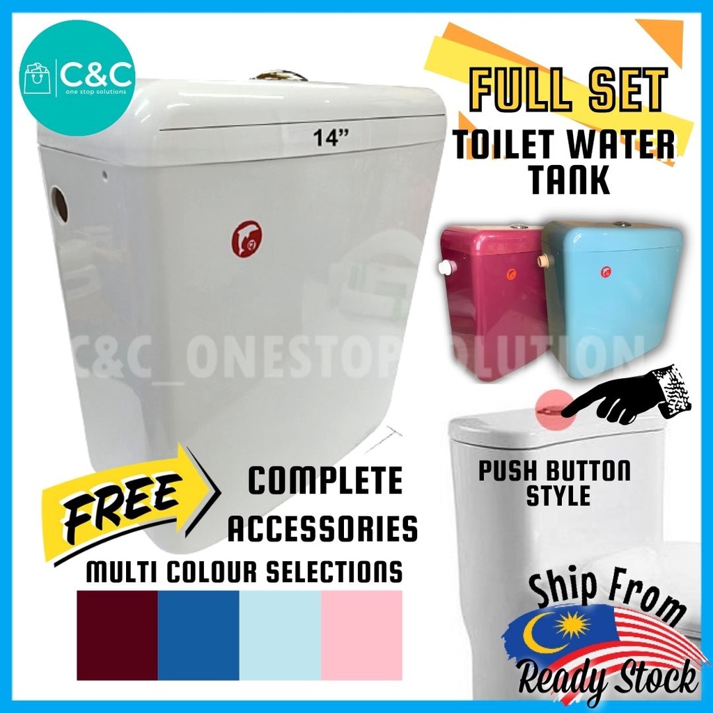 FULL SET CJ Toilet Water Tank Plastic Cistern Push Button Single Flush Tangki Air Mid/Low Level马桶水箱