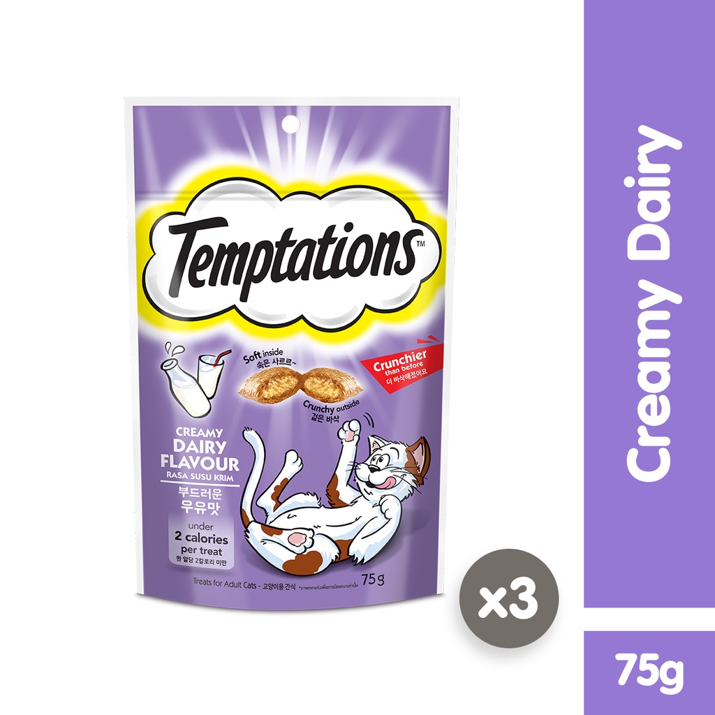TEMPTATIONS Cat Snack (3Pack), 75g. Cat Treats in Creamy Dairy Flavor