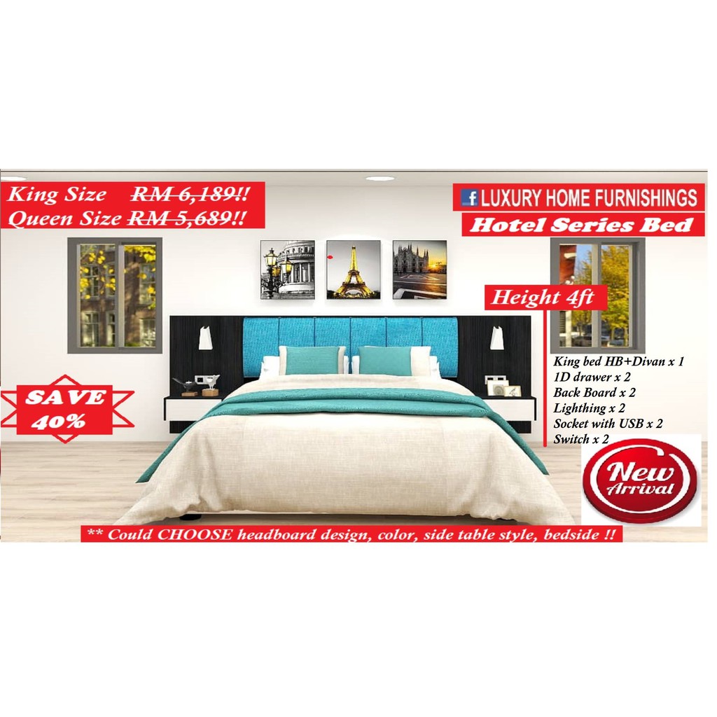 Novara, HOTEL SERIES BED, FULL SET, QUEEN SIZE, Could CHOOSE headboard design, color, side table style, bedside lamp!!