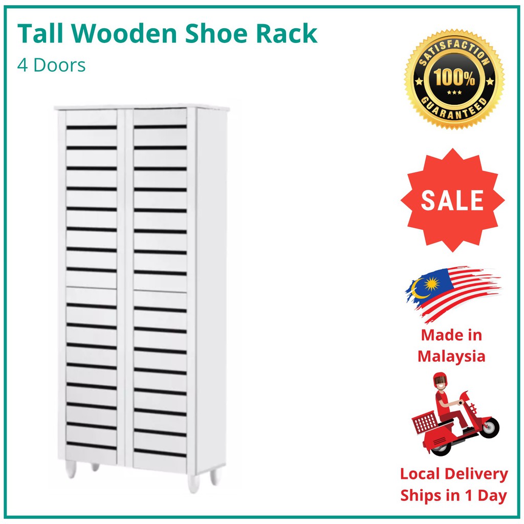 Shoe Rack Cabinet 4 doors high wooden - White | Shopee Malaysia