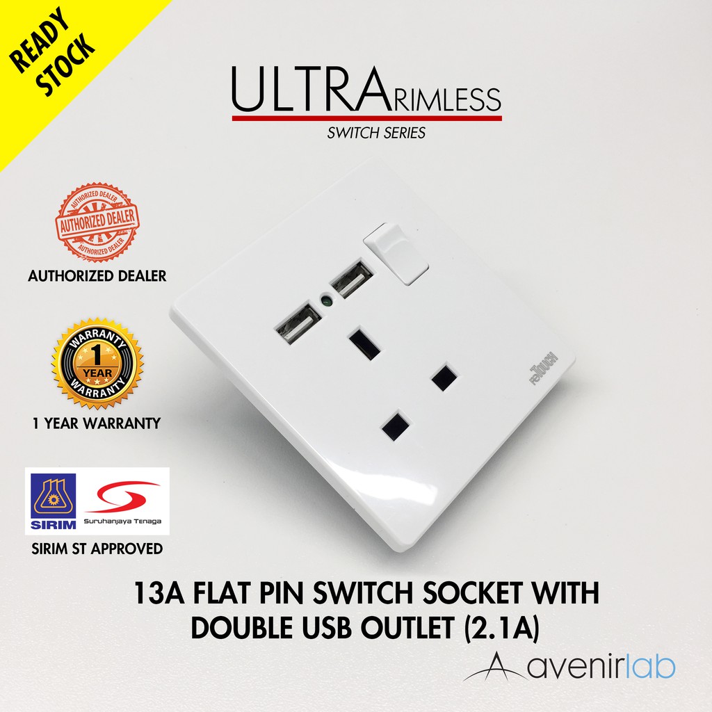 Retouch ultra rimless 13a flat pin switch socket double usb outlet 2.1a ...