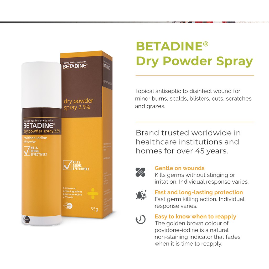 Betadine Dry Powder Spray 55gm Bacteria Viruses Fungi Providone Iodine 2 5 W W Shopee Malaysia