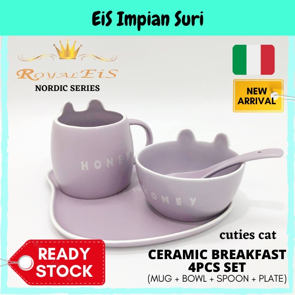 (Ready Stock!!) Royal EIS 4pcs Ceramic Nordic Breakfast Set Cat Design Kucing Mug Set Cup Set Plate Pinggan Mangkuk